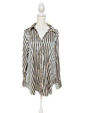 H&M Black White Striped Button Down Shirt L Long Sleeve